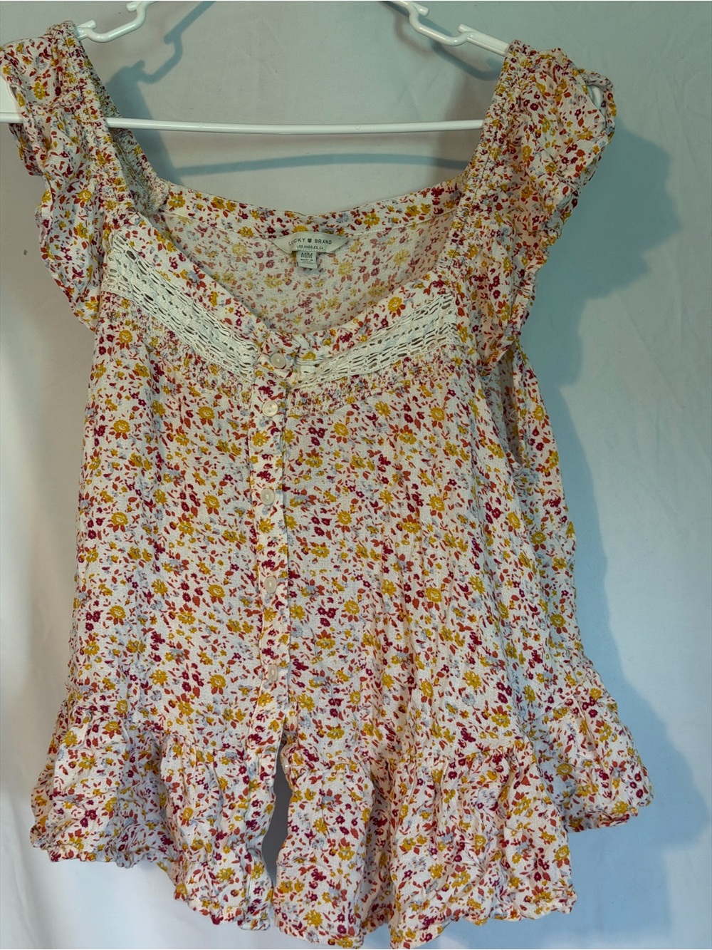 Lucky Brand White Floral Ruffle Button-Front Tank with Pink & Yellow Flowers